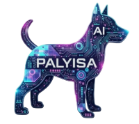 "Detailed logo for Palyisa AI, where a dog's silhouette is filled with an intricate, glowing network of cybernetic circuits. The vibrant blue, purple, and pink neon lines create a futuristic feel, with the name 'PALYISA' integrated into the design on the torso and 'AI' on the shoulder."